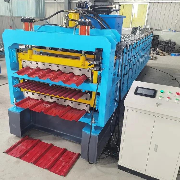 Tres capas de acero ondulado trapezoide para el techo máquina de moldeado de rodillos de acero para el techo